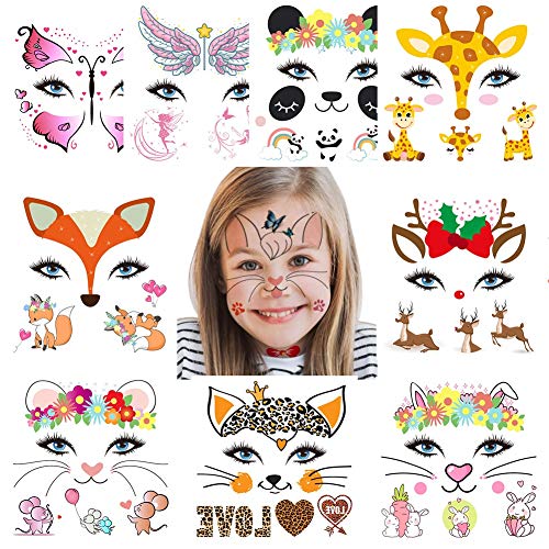 Animal Temporary Face Tattoo for Kids 10 Pack, Face Paint Stickers, Easter Basket Stuffers Halloween Christmas Body Makeup Bunny Butterfly Panda Deer Giraffe Fairy Floral Festival Tattoos