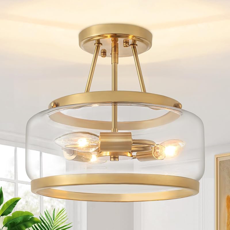 Brushed Gold 11.81in Semi-Flush Mount Ceiling Light - 3-Light Hallway Fixture (Brushed Gold)