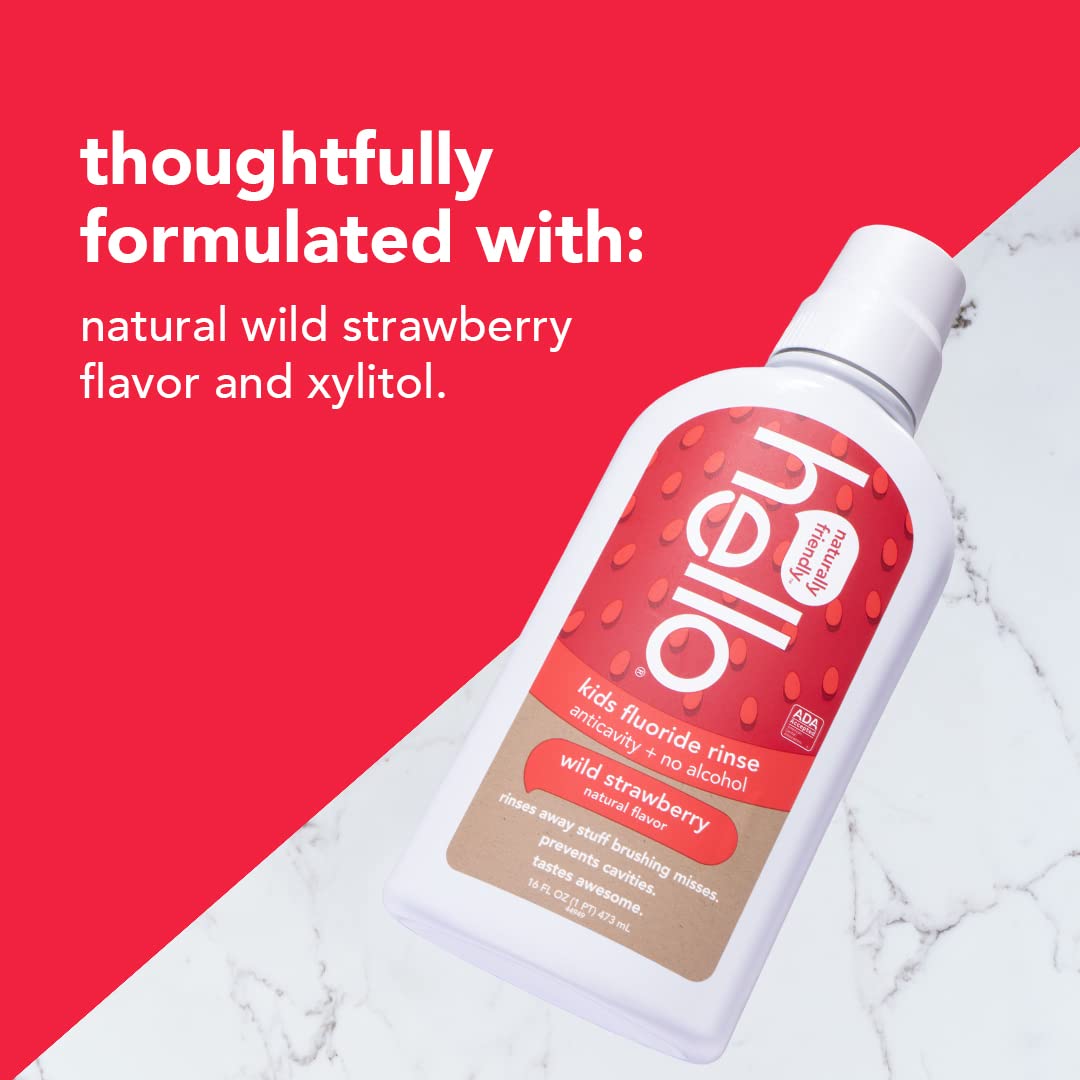 Hello Kids Wild Strawberry Natural Flavor Anticavity Fluoride Rinse - Vegan, Alcohol Free, and SLS Free Mouthwash for Children Age 2 and Up - 16 Ounce (Pack of 3)