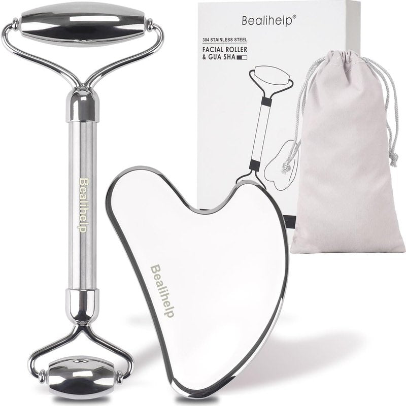 Face Roller & Gua Sha, Stainless Steel Facial Roller and Gua Sha Tool for Face, Skin Care, Anti-Aging, and Lifting