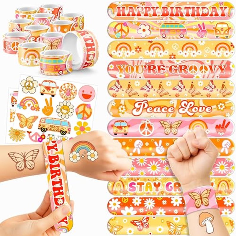 48PCS Groovy Party Set - 24PCS Temporary Tattoos & 24PCS Slap Bracelets - 70s Retro Birthday Supplies, Baby Shower Gifts, Classroom Rewards & Party Decor for Kids (Boys & Girls)