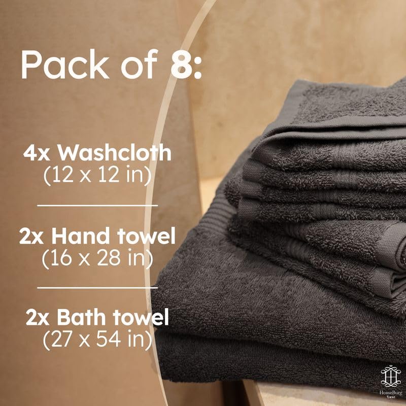 HomeBurg Dark Grey Cotton Towel Set - 8-Piece Absorbent Bath & Hand Towels with Washcloths