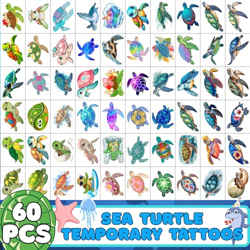 Turtle Temporary Tattoos | Under The Sea Theme Turtle Birthday Party Decorations Party Favors Supplies Accessories Stickers Ocean Theme Gift Idea For Kids Boy Girl Teen Adult 60Pcs 4 Sheets Pre-cut