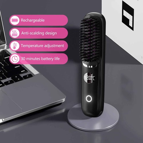 Cordless Straightening Brush, Rechargeable Ionic Straightening Brush, Wireless and Portable Straightening Brush, Women's Mini Straightener for Home & Travel (Black)