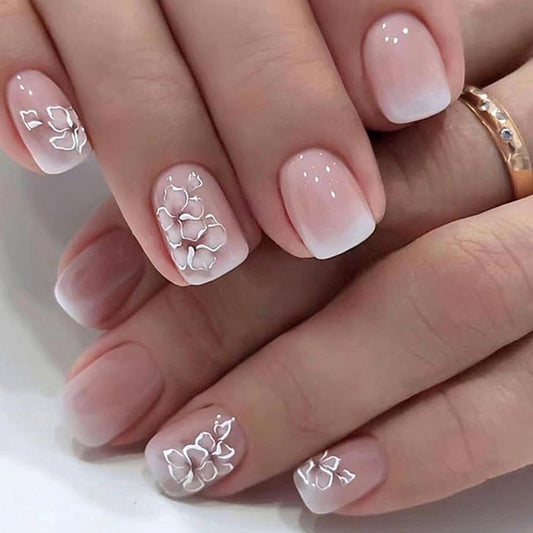 Mivota French Press On Nails Short Square White Nude Gradient False Nails Delicately Adorned with White Silver Flowers Reusable Glue On Nails for Women Kit 24Pcs