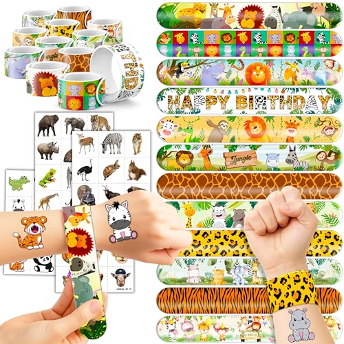 72PCS Jungle Party Set - 48PCS Temporary Tattoos & 24PCS Slap Bracelets Safari Themed Birthday Supplies, Baby Shower Gifts, Classroom Rewards & Party Decor for Kids (Boys & Girls)