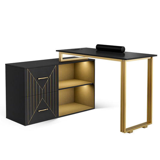 Paddie Manicure Table for Nail Tech with Wrist Cushion, Corner Nail Desk with 2 Drawers and 2 Shelves, Beauty Salon Nail Supplies Decor Station with 16 Colors LED Lights （Black）