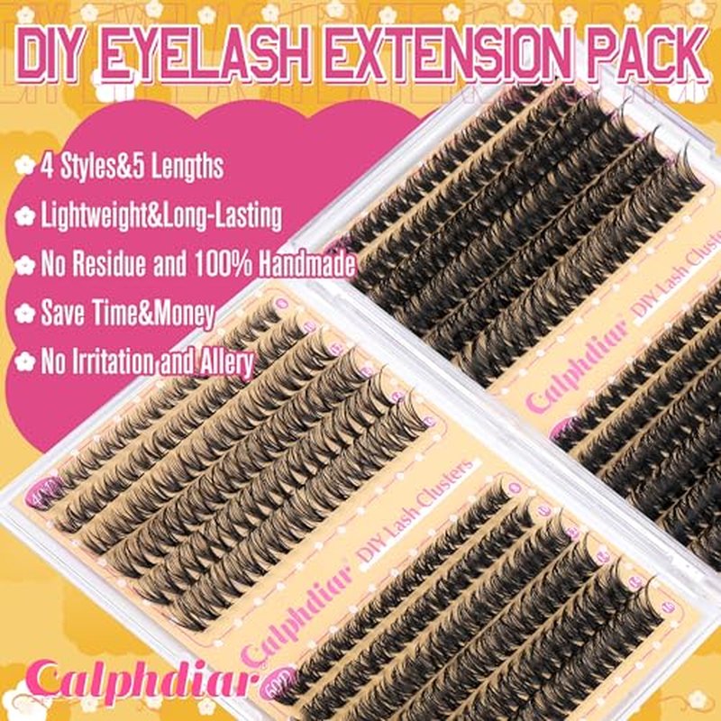 Calphdiar DIY Lash Extension Kit Wispy Eyelash?Extension Kit D Curvature Lash?Clusters Kit 8-16mm 474pcs Lashes Extension Kit with Lash Bond and Seal, Lash Tweezers, Eyelash Brush(40+60+80+100D)