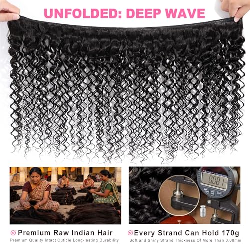 Deep Wave Human Hair Bundles - 16 Inch Natural Black, 12A Virgin Indian Wavy Weave