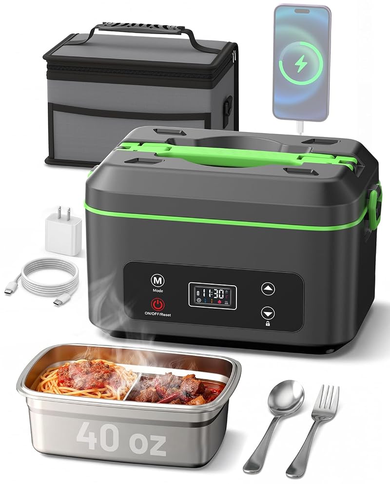 TaskStar Green 100W Cordless Heated Lunch Box with 1.2L Capacity – Scheduled Heating, Leakproof, Battery Operated