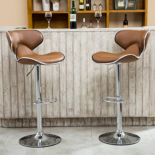Roundhill Furniture Masaccio Caramel Faux Leather Upholstered Swivel Barstool Set of 2 with Chrome Base