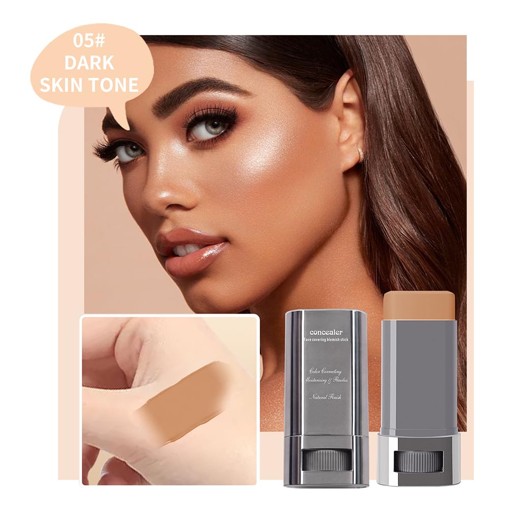 3-in-1 Foundation Stick Beauty Balm Serum Boosts Skin Tone, Solid Tinted Moisturizing Serum Contouring Foundation for Women, Natural Finish, Buildable Medium to Full Coverage(05#DARKSKIN TONE)