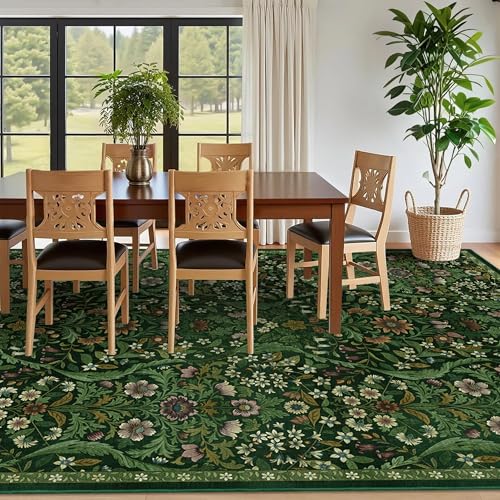 Dark Green 8x10 Floral Botanical Area Rug for Living Room - Boho Carpet
