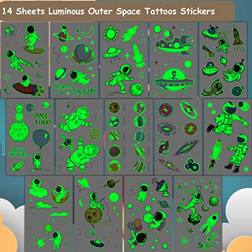 Luminous Outer Space Tattoos for Kids - 14 Sheets Glow in The Dark Astronaut Spaceship Planet Temporary Tattoos for Boys Girls Birthday Party Favors Goodie Bag Fillers