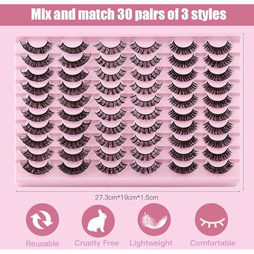 False Eyelashes Natural Lashes Wispy Lashes Strip Eyelashes Lash Extension Cat Eye Wispy Lashes?Easy Apply Cluster Lashes for Fluffy, Natural Look, 30 Pairs