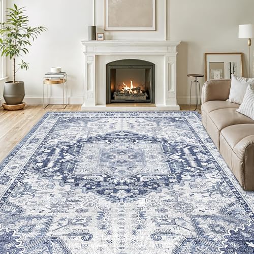 Washable 8x10 Navy Blue Area Rug Non-Slip Living Room Carpet - Kid & Pet Friendly