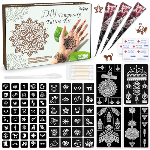 Brown Temporary Tattoo Kit,Temporary Tattoos Stencils Kit (3pcs Brown tattoo cones 6 Reusable Templates 1Pcs Tattoo Outline Pen)£¬ Waterproof,DIY Body Art for Women Men