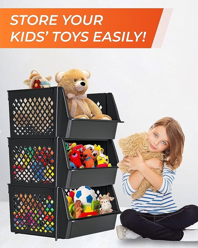 Black Stackable Storage Bins Open Front 6 Pack for Pantry Closet Organization - Skywin