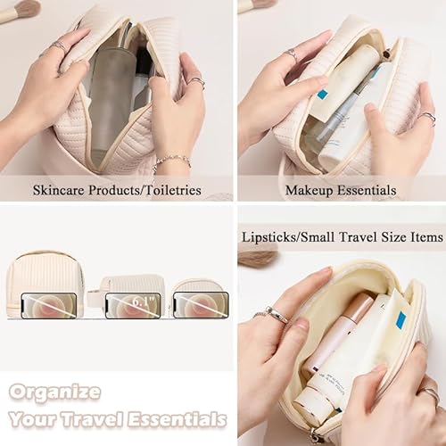 Makeup Bag Set of 3, Toiletry Bag for Women, Small Makeup Bag for Purse, Cute Quilted Cosmetic Bag for Travel, Gift for Women, Light Purple