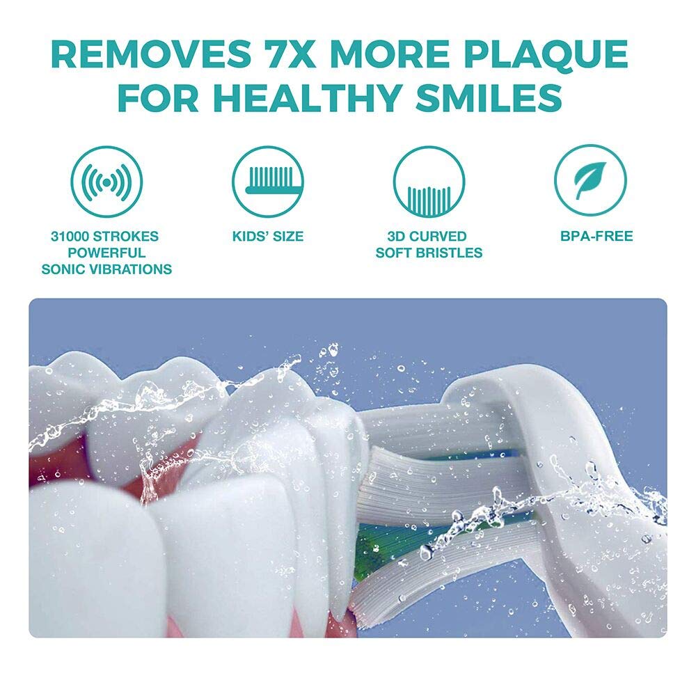 Vekkia Sonic Rechargeable Kids Electric Toothbrush, 3 Modes with Memory, Fun & Easy Cleaning, 24000 Strokes, IPX7 Waterproof, 2-Min Timer for Age 5+, 4 Soft Bristles(Blue)