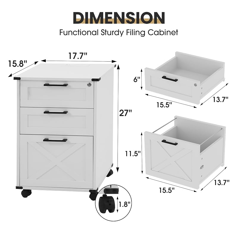 Onelike Small Wood File Cabinet with Charging Station & Lock, 3 Drawers - White + 3 Drawers