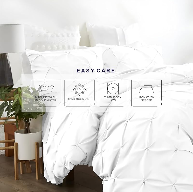 Queen/Full 3-Piece Pinch Pleated Duvet Cover Set - 100% Egyptian Cotton 600TC in White (No Comforter) - Zipper Closure & 7 Internal Ties