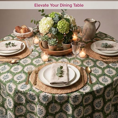 Kari Green Cotton Round Tablecloth 90 Inches - Handprinted French Provencal Decor