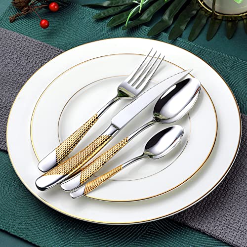 OGORI Hammered Silver Gold Flatware Set 24 Pieces for 6 - Elegant Stainless Steel Dinnerware