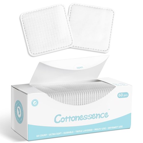 Premium Exfoliating Cotton Pads (60 Count) - 100% Cotton, Extra-Soft and Lint-Free, Durable Squares for Facial, Lip, and Eye Makeup Removal