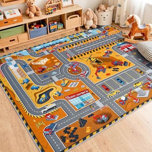 Kids Construction Site Play Rug 6x9 ft Brown Interactive Playroom Mat