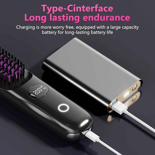 Cordless Straightening Brush, Rechargeable Ionic Straightening Brush, Wireless and Portable Straightening Brush, Women's Mini Straightener for Home & Travel (Black)