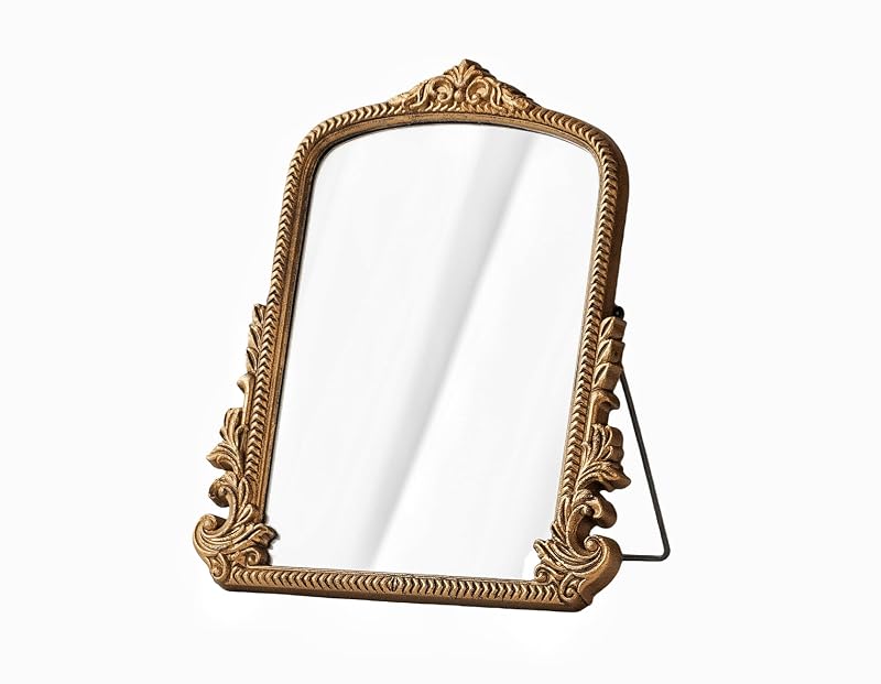 Small Gold Vintage Vanity Mirror with Wooden Frame - 11.8x9.6 Inch Tabletop Makeup Mirror