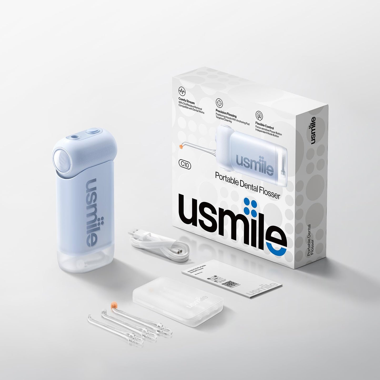 usmile C10 Portable Water Flosser – Travel-Friendly, 95-Day Battery, 4 Modes, 360° Nozzle, 180ml Tank, IPX7 Waterproof, Dentist-Recommended for Braces, Implants & Sensitive Gums (Blue)