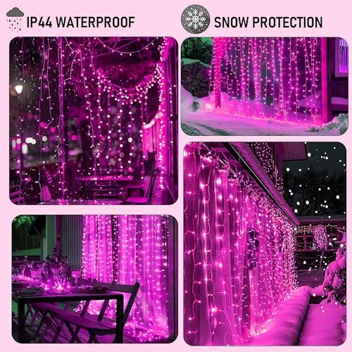 LED Curtain String Lights with 8 Modes Waterproof Indoor Outdoor Pink 9.8ft
