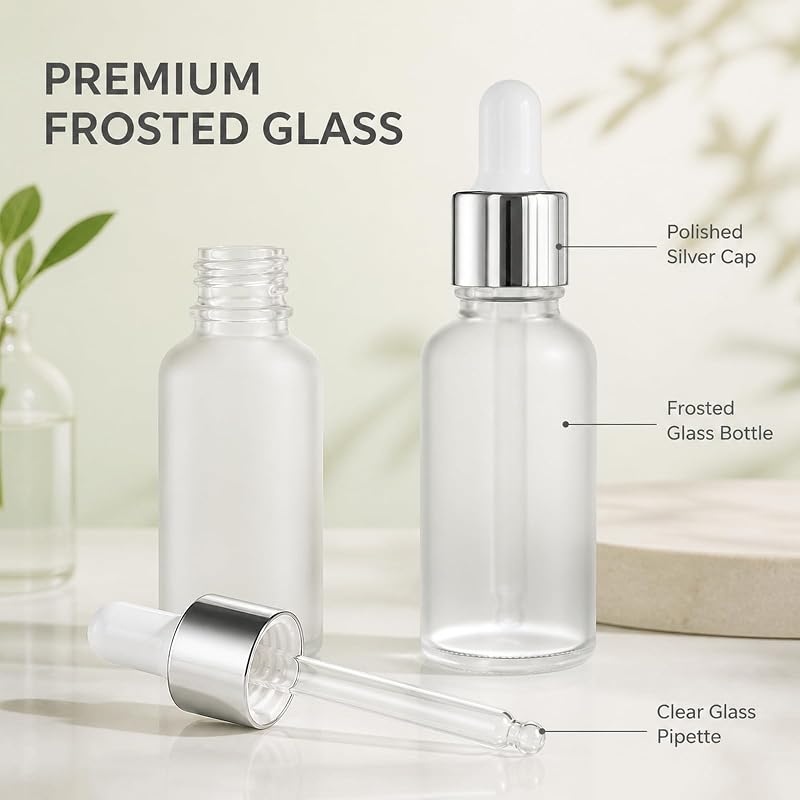 PrettyCare 24 Pack 1oz (30ml) Frosted Glass Eye Dropper Bottles with Leakproof Silver Caps, Labels & Funnels