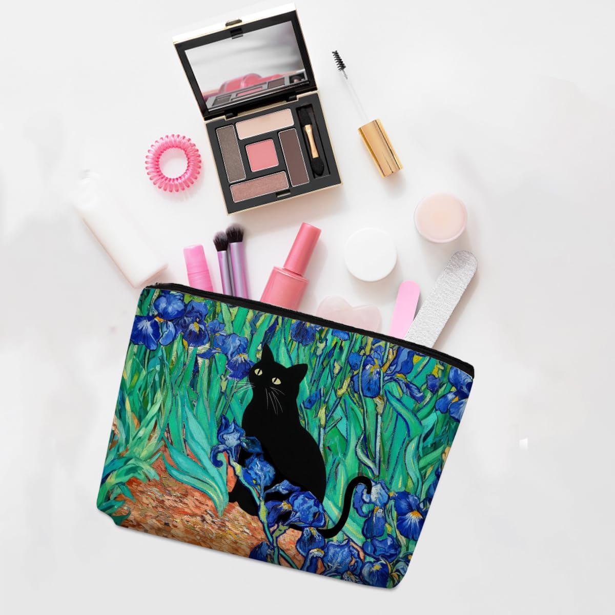 Floral Cat Makeup Bag, Cat Gifts Cosmetic Bags, Aesthetic Design Canvas Zipper Organizer Pouch Cute Roomy Portable Toiletry Bag Cats Themed Gifts for Girls Women Travel Storage Accessories-5