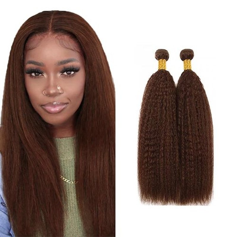 Dark Brown Kinky Straight Human Hair Bundles #4 Yaki Human Hair Bundles 26 26 inch Chocolate Brown Human Hair 2 Bundles Color #4 Brown Bundles
