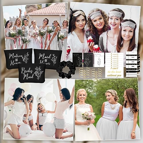 Cunno 48 Pcs 8 Sets Bridesmaid Proposal Gifts Bulk Wedding Will You Be My Maid of Honor Matron of Honor Bridal Shower Makeup Bags Scrunchies Bracelets Cards for Wedding Bridesmaids(Black)