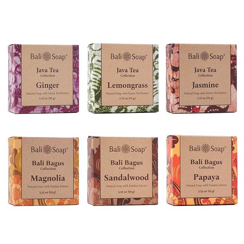 Natural Hand & Body Soap Set - Bali Soap 6 Pack with Jasmine, Lemongrass, Ginger, Magnolia, Papaya & Sandalwood - 3.5 Ounce Bars