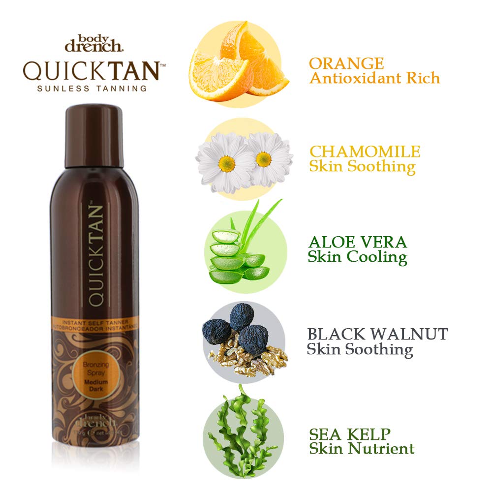 Body Drench QuickTan Instant Self Tanner Bronzing Spray, Salon-Quality Medium/Dark Tan, Streak-Free, Tinted Formula, 6 oz, 1-pack