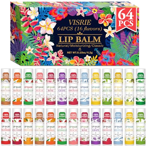 VISRIE 64-Pack Natural Lip Balm Bulk | 16 Flavors, Beeswax + Vitamin E
