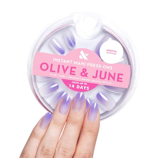 Olive & June Instant Mani Press On Nails (Glue) | Glazed Purple | Medium, Oval 42 Fake Nails, 21 Sizes Non-Toxic, Long-Lasting Recycled Materials Realistic | Purple Chrome Gradient