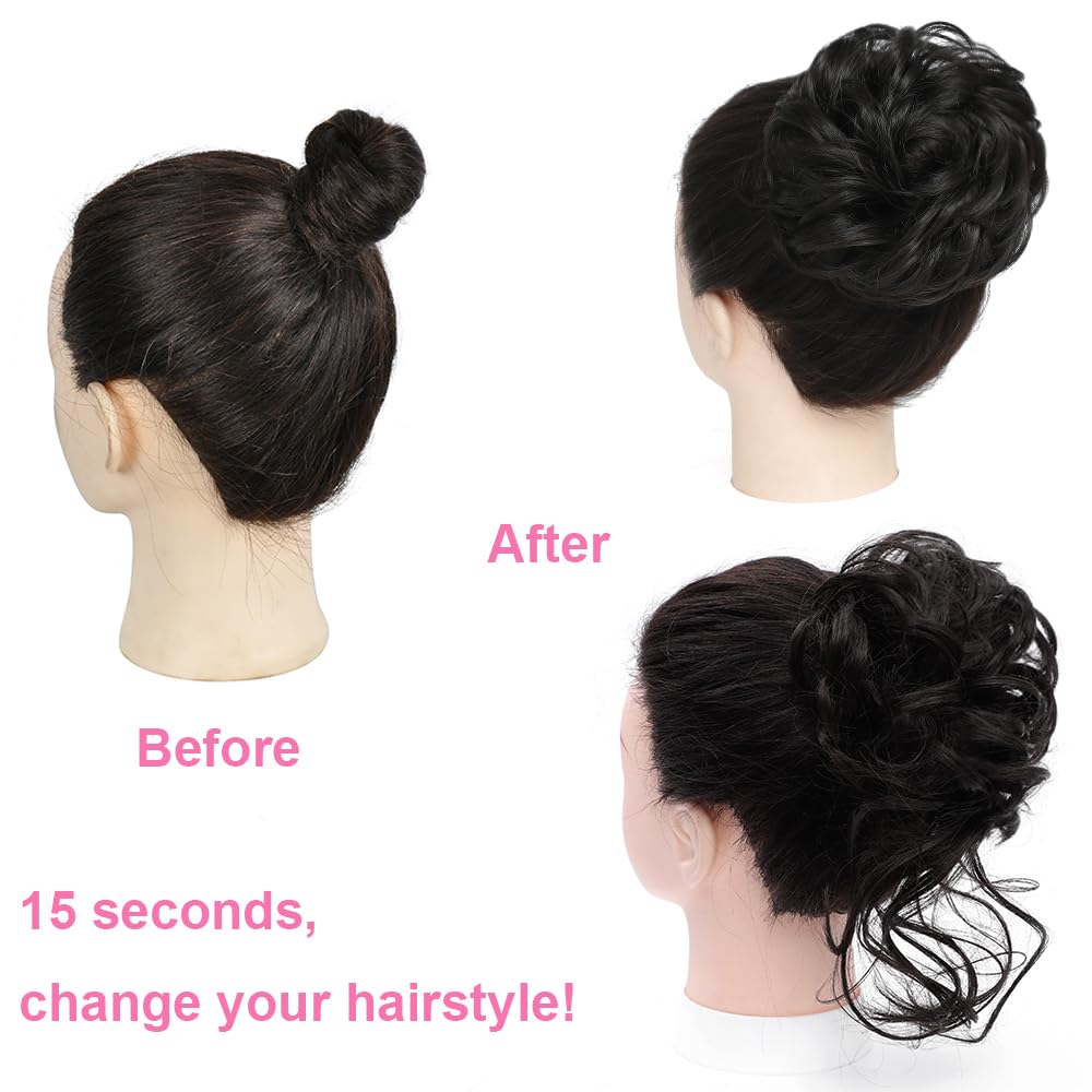 YOLANFAIRY 2PCS Messy Bun Hair Piece Wavy Curly Tousled Updo Hair Buns Synthetic Chignon Elastic Hair Band Fake Bun Hair Pieces for Women (Dark Brown, 2PCS Diverse)