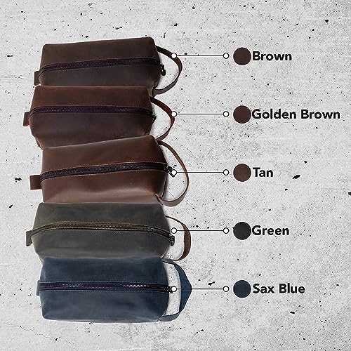KAAL Crazy Horse Genuine Leather Toiletry Bag, Unisex Travel Toiletry Organizer Dopp Kit Shaving Bag for Accessories (Golden Brown, Large)