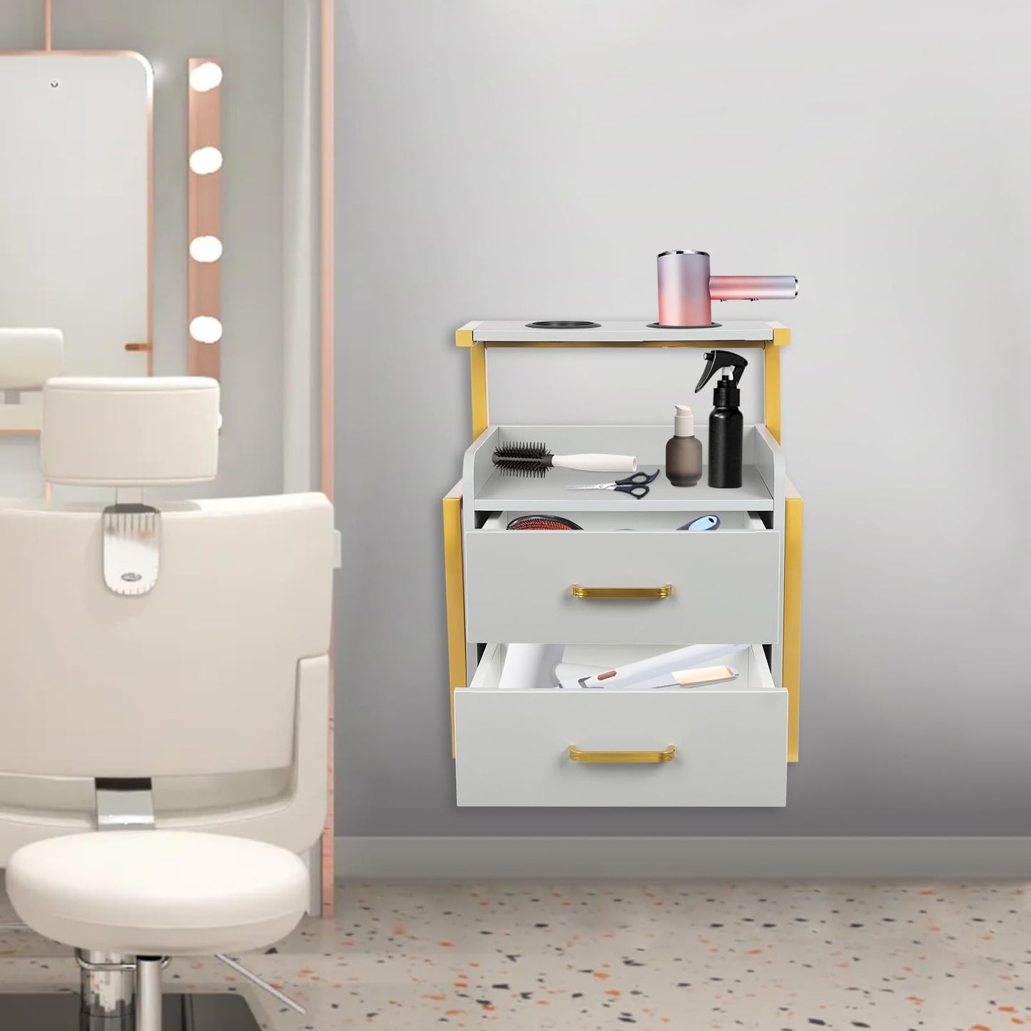 Suspended Salon Station for Hair Stylist, Wall Mounted Styling Salon Station Storage Cabinet w/2*Drawers &Hair Dryer Stand,Floating Nightstand Stylist Storage Cabinet for Home (Glod+Gray)