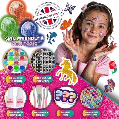 40 Colour - Glitter Tattoos for kids, Glitter tattoo kit, Temporary Tattoos for kids, Face glitter, 200+ Stencils, 40 Colour (10 neon), Rhinestones, Girls birthday present, Face Glitters