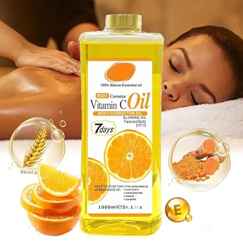 Vitamin C Body Oil, 1000ml Tumeric Body Oil, Retinol Vitamin C 7days, Vit C Body Corrector Oil for Uneven Skin Tone (1000ML VC)
