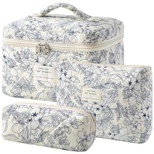 A-3PCS-Floral Quilted Makeup Bag Set - Large Travel Cosmetic Organizer