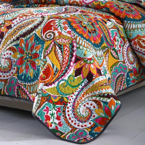 Boho King Size Cotton Quilt Set - Vibrant Paisley Coverlet with Pillow Shams, Variations of Orange, Red, Blue, Yellow, White