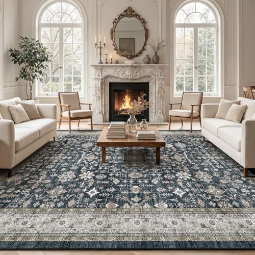 Babovid 8x10 Ash/Beige Washable Area Rug - Non-Slip Vintage Medallion, Low-Pile